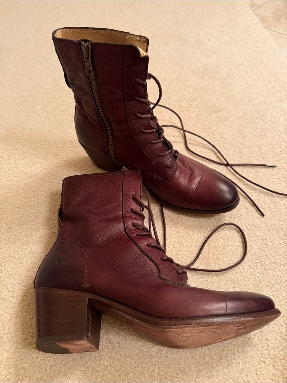 Frye Women's Lace-Up and Side Zip Leather Heeled Ankle Boots in Rich Brown